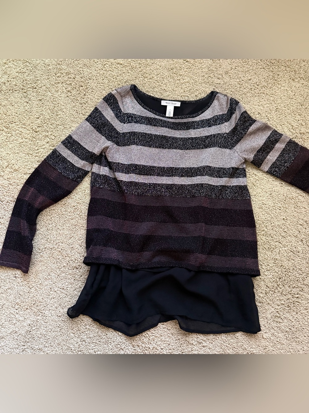 White House Black Market Metallic Black & Gray Layered Knit Top